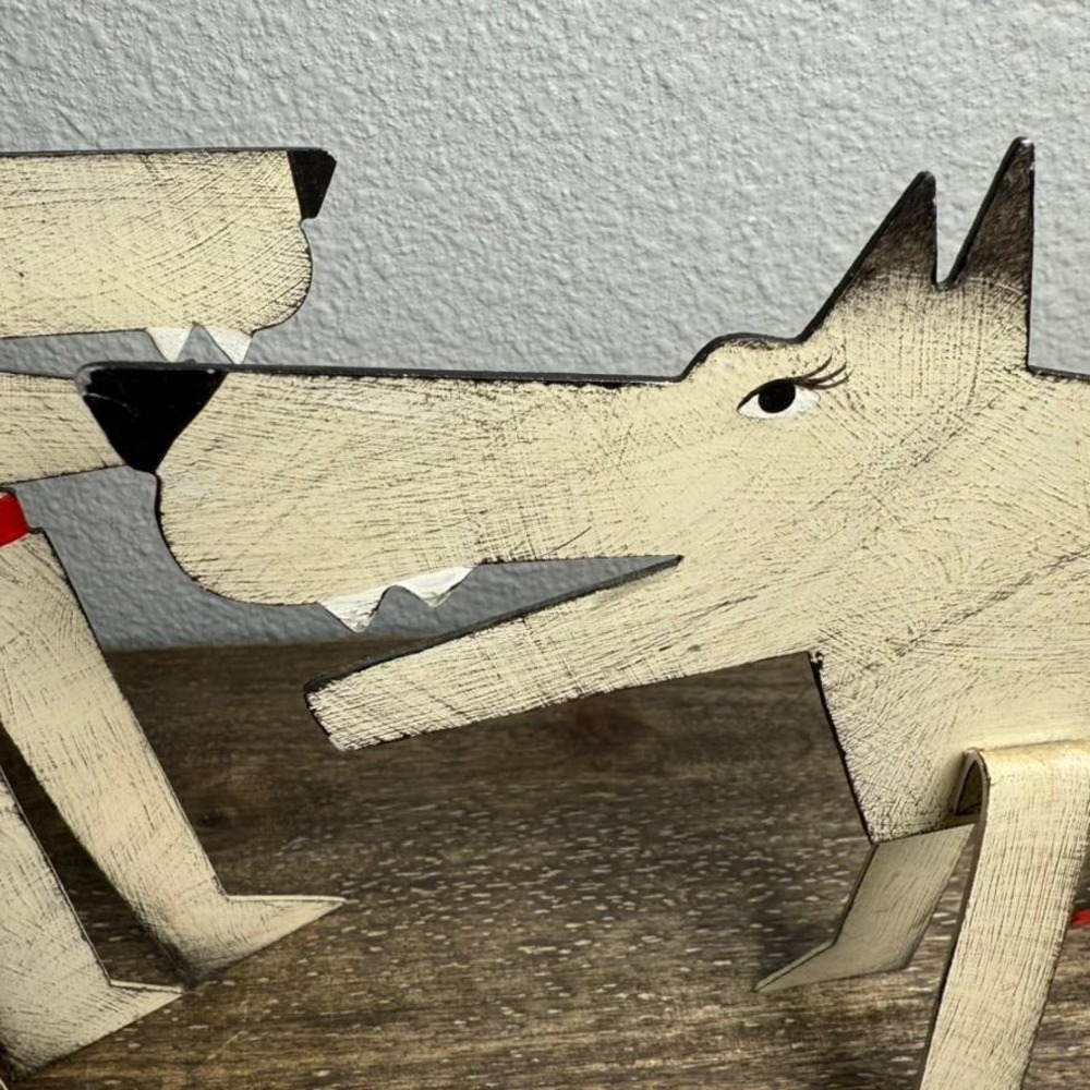 Acme Animal Dog Sculptures Sue Parke Don Gidley Folk Art Metal Pair Red Heels - Picture 10 of 16